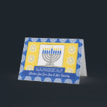Hanukkah Menorah voor een zoon en zijn familie Feestdagen Kaart<br><div class="desc">Een zilveren menorah met blauwe kaarsen op een  achtergrond versiert de cover van deze Happy Hanukkah-kaart voor een zoon en zijn familie. Kaart heeft een mozaïekachtige tegel textuur. Kunst,  afbeelding en vers copyright © Shoaff Ballanger Studios,  2023.</div>