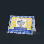 Hanukkah Menorah voor grootouders Ster van David Feestdagen Kaart<br><div class="desc">Een zilveren menorah met blauwe kaarsen op een  achtergrond versiert de cover van deze Happy Hanukkah-kaart voor grootouders. Kaart heeft een mozaïekachtige tegel textuur. Kunst,  afbeelding en vers copyright © Shoaff Ballanger Studios,  2023.</div>