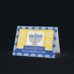 Hanukkah Menorah voor Ouders Ster van David Patter Feestdagen Kaart<br><div class="desc">Een zilveren menorah met blauwe kaarsen op een  achtergrond versiert de cover van deze Happy Hanukkah-kaart voor ouders. Verander de tekst op de dekking voor een gepersonaliseerde groet. Kaart heeft een mozaïekachtige tegel textuur. Kunst,  afbeelding en vers copyright © Shoaff Ballanger Studios,  2023.</div>