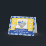 Hanukkah Menorah voor Ouders Ster van David Patter Feestdagen Kaart<br><div class="desc">Een zilveren menorah met blauwe kaarsen op een  achtergrond versiert de cover van deze Happy Hanukkah-kaart voor ouders. Verander de tekst op de dekking voor een gepersonaliseerde groet. Kaart heeft een mozaïekachtige tegel textuur. Kunst,  afbeelding en vers copyright © Shoaff Ballanger Studios,  2023.</div>