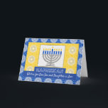 Hanukkah Menorah voor Zoon en dochter in de wet Feestdagen Kaart<br><div class="desc">Een zilveren menorah met blauwe kaarsen op een  achtergrond versiert de cover van deze Happy Hanukkah-kaart voor zoon en dochter in rechte. Kaart heeft een mozaïekachtige tegel textuur. Kunst,  afbeelding en vers copyright © Shoaff Ballanger Studios,  2023.</div>