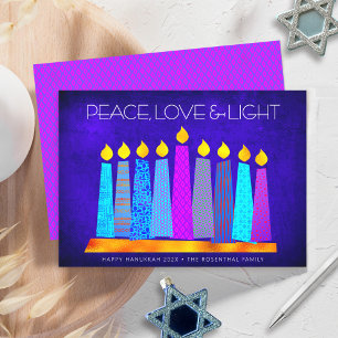 Hanukkah Modern Boho Candles Peace Love Light Blue Feestdagenkaart