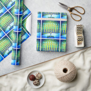 Hanukkah Modern Trendy Blue Green Menorah Pattern Cadeaupapier