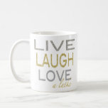 Hanukkah Mok "Live Laugh Love a latke"<br><div class="desc">Gold en Silver, Fun Hanukkah mok. "Leef, Laugh, hou van een hekel! Mok Chanoeka. Personaliseer je door te verwijderen: "Happy Chanukah, Bubbie! Liefde, Amy & Jason", kies dan uw favoriete lettertypestijl, grootte, kleur en tekst om uw mok aan te passen! Creëer een simpel geschenk door wat goodies toe te voegen...</div>