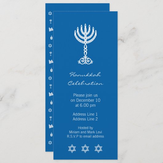 Hanukkah Motif blue Long Invitation Kaart (Voorkant / Achterkant)