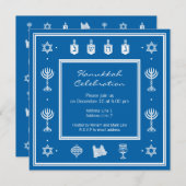 Hanukkah Motif blue Square Invitation Kaart (Voorkant / Achterkant)