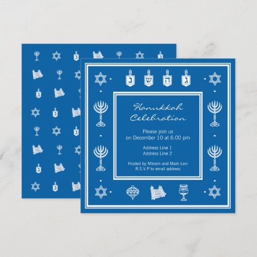 Hanukkah Motif blue Square Invitation Kaart (Voorkant / Achterkant)