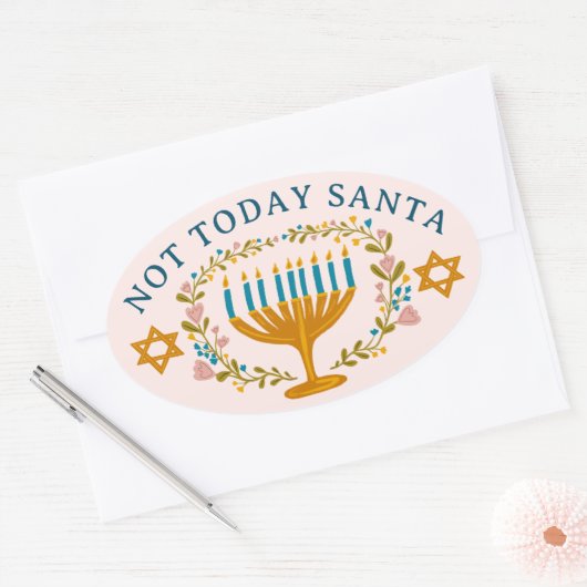 HANUKKAH NIET VANDAAG SANTA Funny Bloemen Hand-get Ovale Sticker (Envelop)
