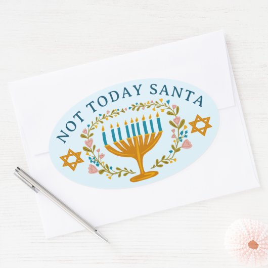 HANUKKAH NIET VANDAAG SANTA Funny Bloemen Hand-get Ovale Sticker (Envelop)