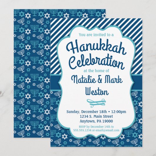 Hanukkah nodiging Blue Menorah Star van David Kaart (Voorkant / Achterkant)