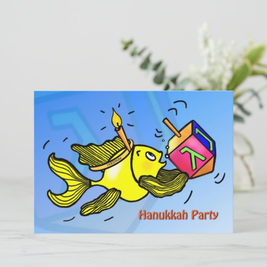 HANUKKAH PARTIJ INVITATIE Funny Cute Fish dreidel Kaart (Staand voorkant)