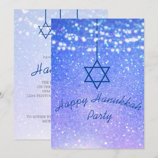 Hanukkah Party Lights Glitter Blue Star David Kaart (Voorkant / Achterkant)