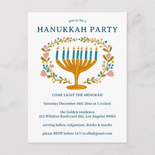 HANUKKAH PARTY Uitnodiging bloemenkrans CUSTOM (Voorkant)
