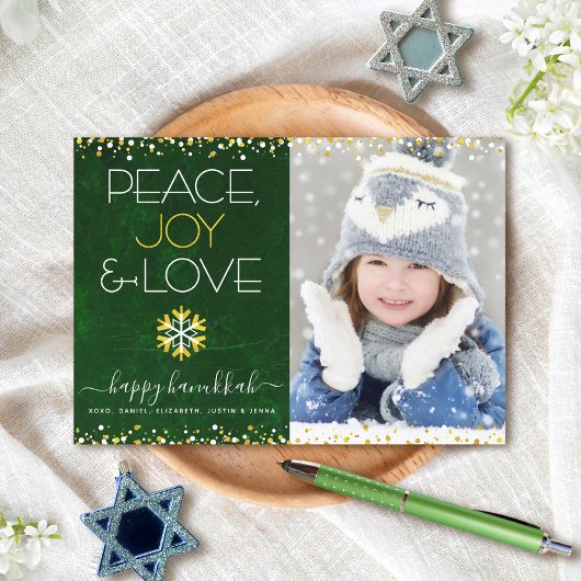 Hanukkah Peace Joy Love Snowflake Green Photo Flat Feestdagenkaart