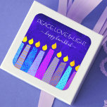 Hanukkah Peace Love Bold Boho Pattern Candles Blue Vierkante Sticker<br><div class="desc">"Peace, love & light." In playful, modern, artsy illusion of boho pattern candles helps you usher in the foliday of Hanukkah. Assorted blue candles with colorful valse foil patterns overlay a rich, deep blue texture background. Feel the warmth and joy of the foliday season whenever you use this stunning, colorful,...</div>