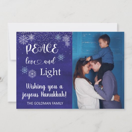 Hanukkah Peace Love Light Photo Snowflake Blue Feestdagenkaart (Voorkant)