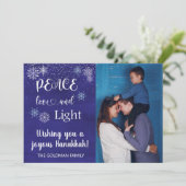 Hanukkah Peace Love Light Photo Snowflake Blue Feestdagenkaart (Staand voorkant)