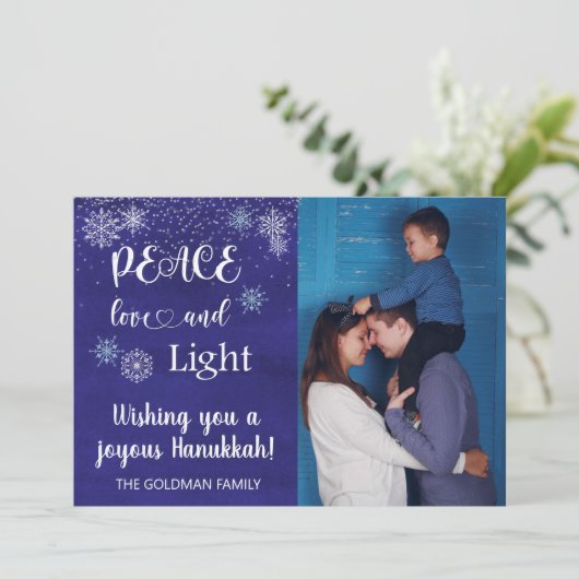 Hanukkah Peace Love Light Photo Snowflake Blue Feestdagenkaart (Staand voorkant)