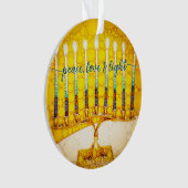 Hanukkah Peace Love Light Yellow Menorah Keepomwil Ornament (voorkant)