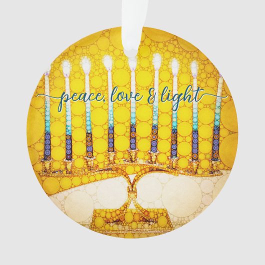 Hanukkah Peace Love Light Yellow Menorah Keepomwil Ornament (voorkant)