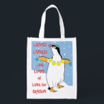 Hanukkah Penguin boodschappentas<br><div class="desc">Hanukkah Penguin, witte 2-zijdige tas. Alle ontwerpelementen kunnen worden bewerkt. Alle bewerkbare tekst kan worden verwijderd en vervangen door uw eigen bericht. Gebruik uw favoriete lettertype, kleur, grootte en stijl. Gelukkige Chanoeka/Chanoeka! Stijl: Herbruikbare Tas Ga groen en red de planeet met onze herbruikbare boodschappentas! Gemaakt met een lichtgewicht polyester stof,...</div>