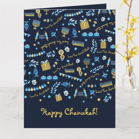 Hanukkah Persoonlijke Menorah Dreidel Kaart (Gele Bloem)