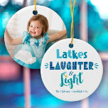 Hanukkah Photo Latkes Laughter Light Fun Modern Keramisch Ornament<br><div class="desc">"Latkes, lachen en licht." Fun, knappe handgemaakte typografie in stoffig blauw, turquoise en blauwgroen op een witte achtergrond, samen met de foto van je keuze op de achterkant, help je in Hanukkah te zingen. Voel de warmte en de vreugde van het vakantieseizoen aan wanneer je dit stijlvolle en moderne, gepersonaliseerde...</div>