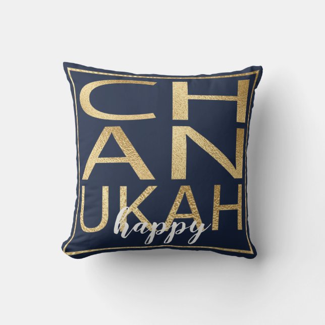 Hanukkah Pillow Chanukah Happy Gold/Blue Kussen (Voorkant)