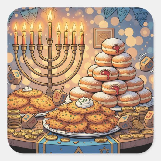 Hanukkah Potato Pancakes, Menorah and Jelly Rolls Vierkante Sticker (Voorkant)