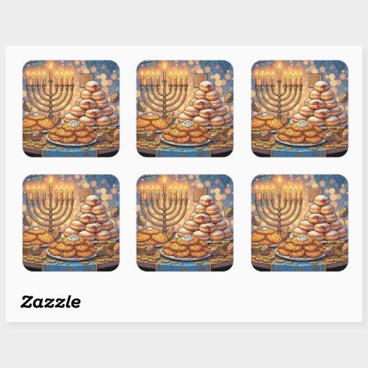 Hanukkah Potato Pancakes, Menorah and Jelly Rolls Vierkante Sticker (Vel)