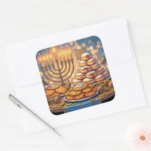 Hanukkah Potato Pancakes, Menorah and Jelly Rolls Vierkante Sticker (Envelop)