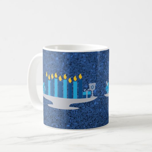 Hanukkah Potpourri Blue Faux Glitter Koffiemok (Voorkant links)