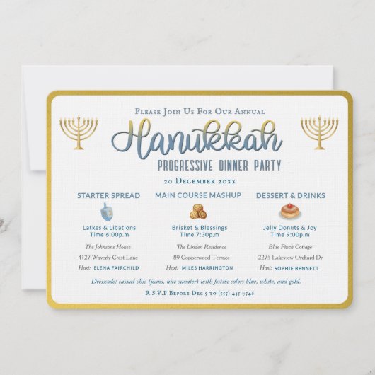 Hanukkah Progressief Diner Feest Uitnodiging (Voorkant)