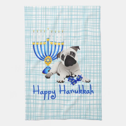 Hanukkah Pug met Menorah en Dreidels Theedoek (Verticaal)