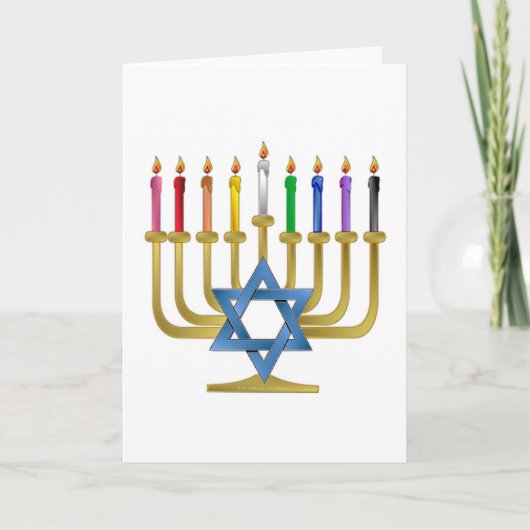 Hanukkah Rainbow Candles Gold Menorah Feestdagen Kaart (Voorkant)