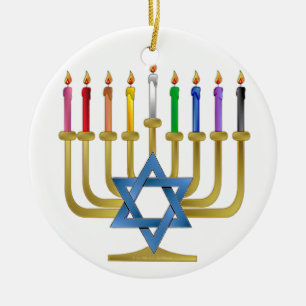 Hanukkah Rainbow Candles Gold Menorah Keramisch Ornament