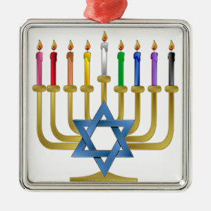 Hanukkah Rainbow Candles Gold Menorah Metalen Ornament