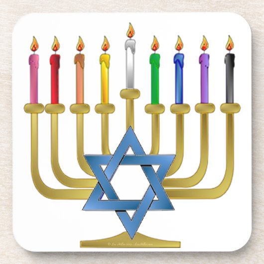 Hanukkah Rainbow Candles Gold Menorah Onderzetter (Voorkant)