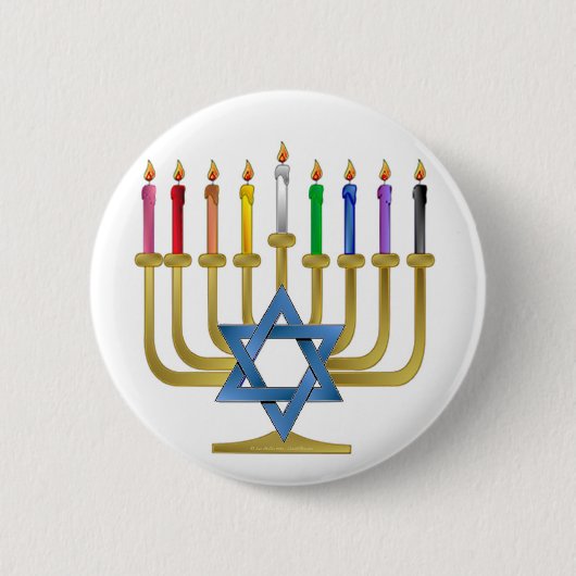 Hanukkah Rainbow Candles Gold Menorah Ronde Button 5,7 Cm (Voorkant)