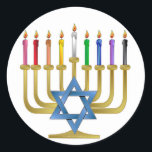 Hanukkah Rainbow Candles Gold Menorah Ronde Sticker<br><div class="desc">U bekijkt het Lee Hiller Design Collectie van Home en Kantoor Decor,  Apparel,  Gifts en Collectibles. De Design zijn onder meer Lee Hiller Photography en Mixed Media Digital Art Collectie. Je kunt haar Natuur fotografie uitzichten op http://HikeOurPlanet.com/ en haar wandelende blog volgen in Hot Springs National Park.</div>