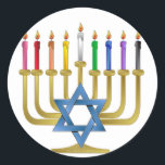 Hanukkah Rainbow Candles Gold Menorah Ronde Sticker<br><div class="desc">U bekijkt het Lee Hiller Design Collectie van Home en Kantoor Decor,  Apparel,  Gifts en Collectibles. De Design zijn onder meer Lee Hiller Photography en Mixed Media Digital Art Collectie. Je kunt haar Natuur fotografie uitzichten op http://HikeOurPlanet.com/ en haar wandelende blog volgen in Hot Springs National Park.</div>