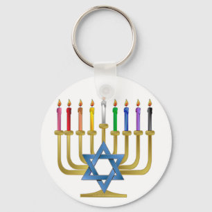 Hanukkah Rainbow Candles Gold Menorah Sleutelhanger