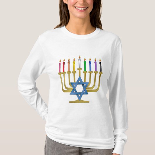 Hanukkah Rainbow Candles Gold Menorah T-shirt (Voorkant)