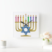 Hanukkah Rainbow Candles Gold Menorah Vierkante Klok (Huis)