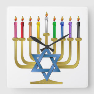 Hanukkah Rainbow Candles Gold Menorah Vierkante Klok