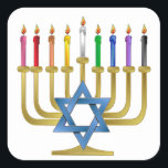 Hanukkah Rainbow Candles Gold Menorah Vierkante Sticker<br><div class="desc">U bekijkt het Lee Hiller Design Collectie van Home en Kantoor Decor,  Apparel,  Gifts en Collectibles. De Design zijn onder meer Lee Hiller Photography en Mixed Media Digital Art Collectie. Je kunt haar Natuur fotografie uitzichten op http://HikeOurPlanet.com/ en haar wandelende blog volgen in Hot Springs National Park.</div>