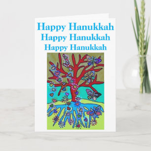 Hanukkah Red Tree of Life Hearts & Butterflies Kaart