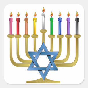 Hanukkah Regenboog Kaarsen Gouden Menora Vierkante Sticker