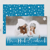 Hanukkah Sameach blue overlay script menorah foto Feestdagenkaart (Voorkant / Achterkant)