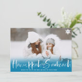 Hanukkah Sameach blue overlay script menorah foto Feestdagenkaart (Staand voorkant)